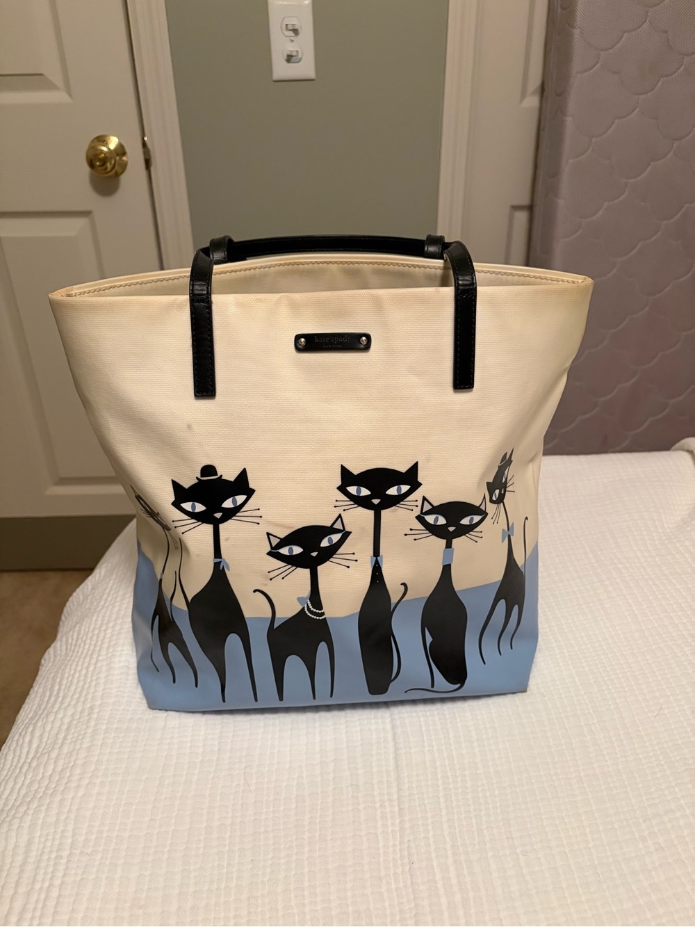 Kate Spade Cream & Light Blue Black Cat-Print Tote Bag